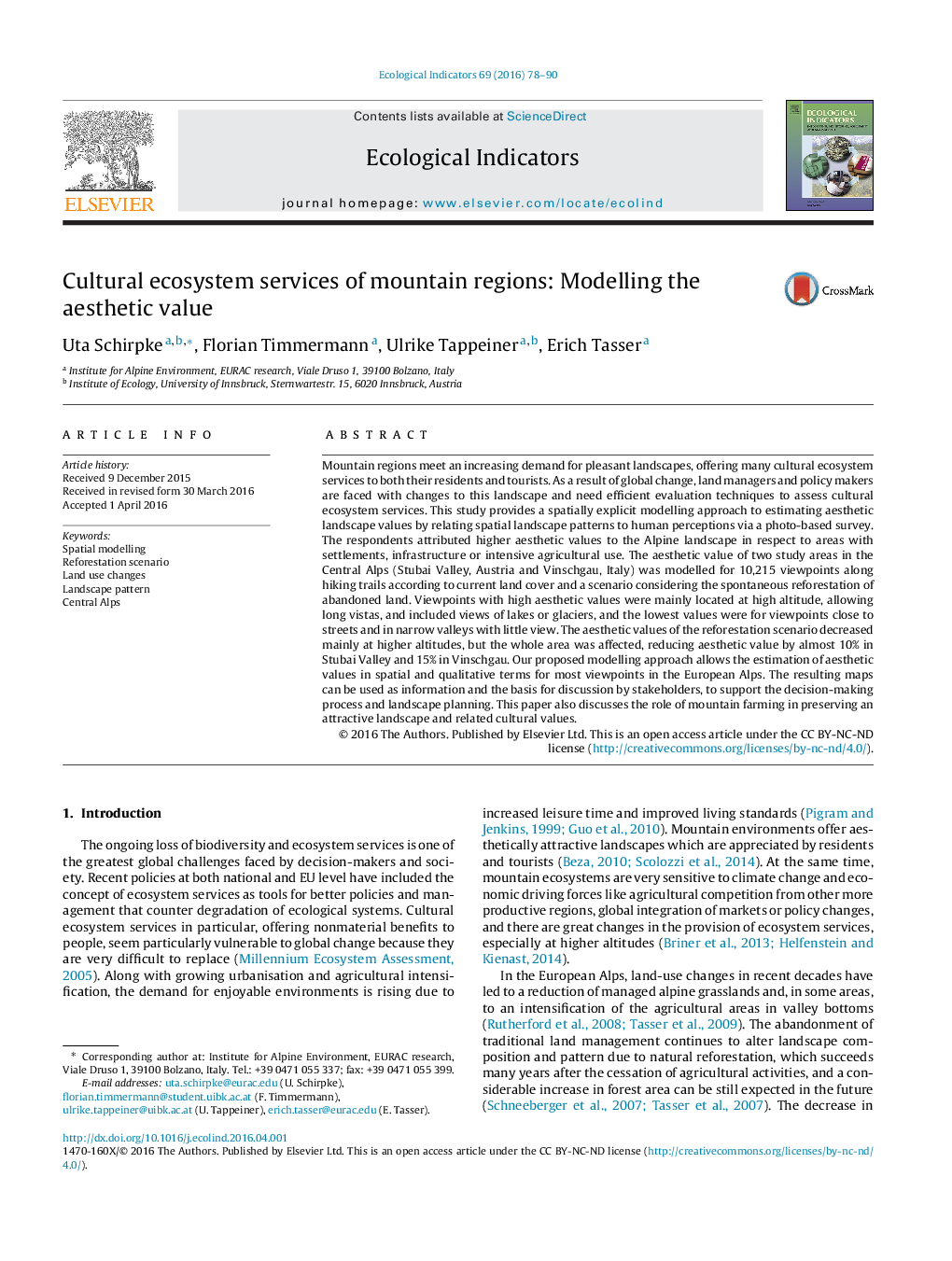 Cultural ecosystem services of mountain regions: Modelling the aesthetic value