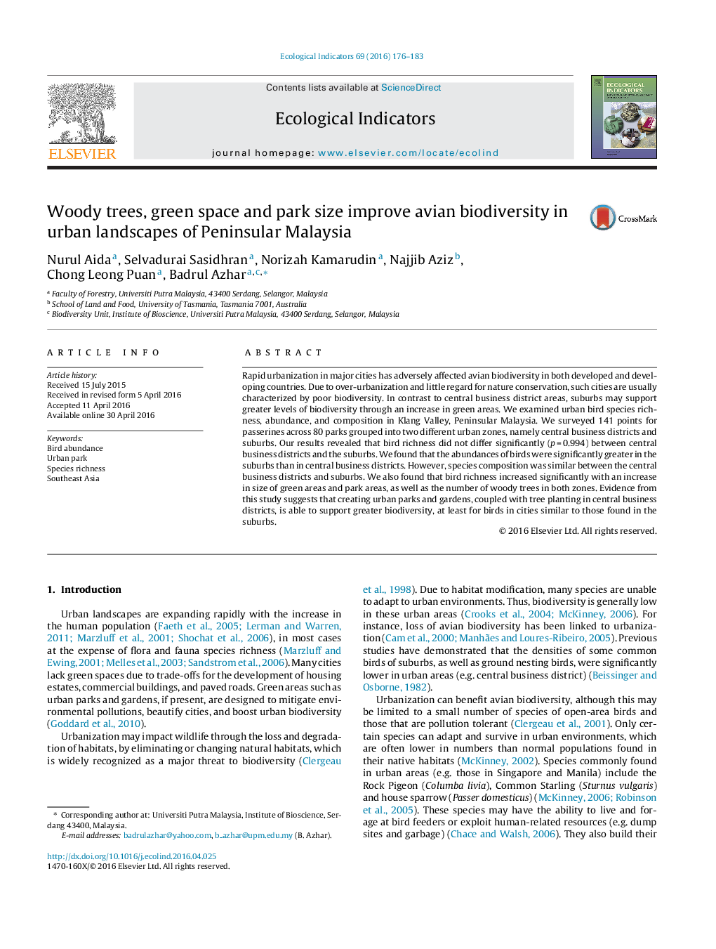 Woody trees, green space and park size improve avian biodiversity in urban landscapes of Peninsular Malaysia