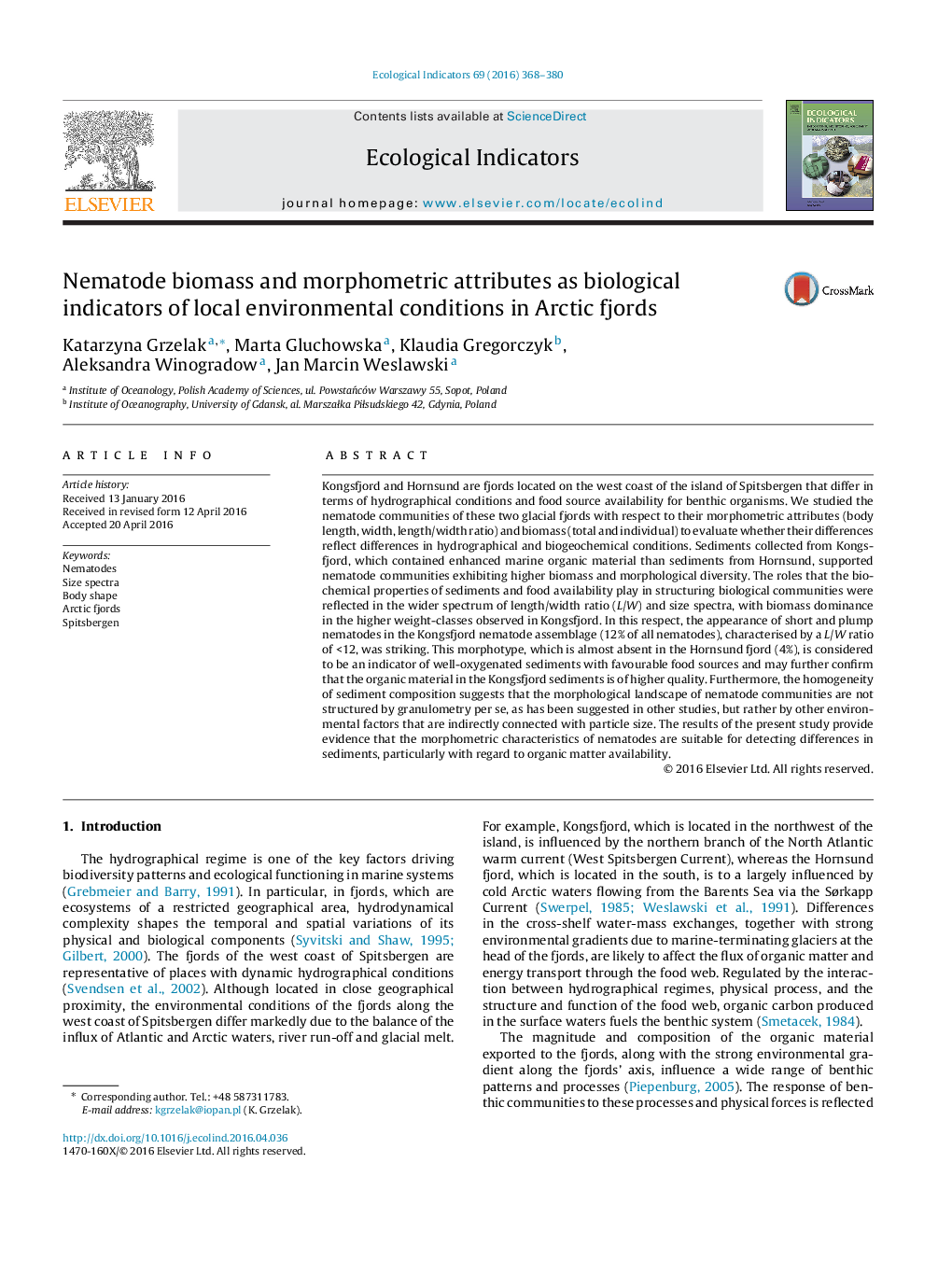 Nematode biomass and morphometric attributes as biological indicators of local environmental conditions in Arctic fjords