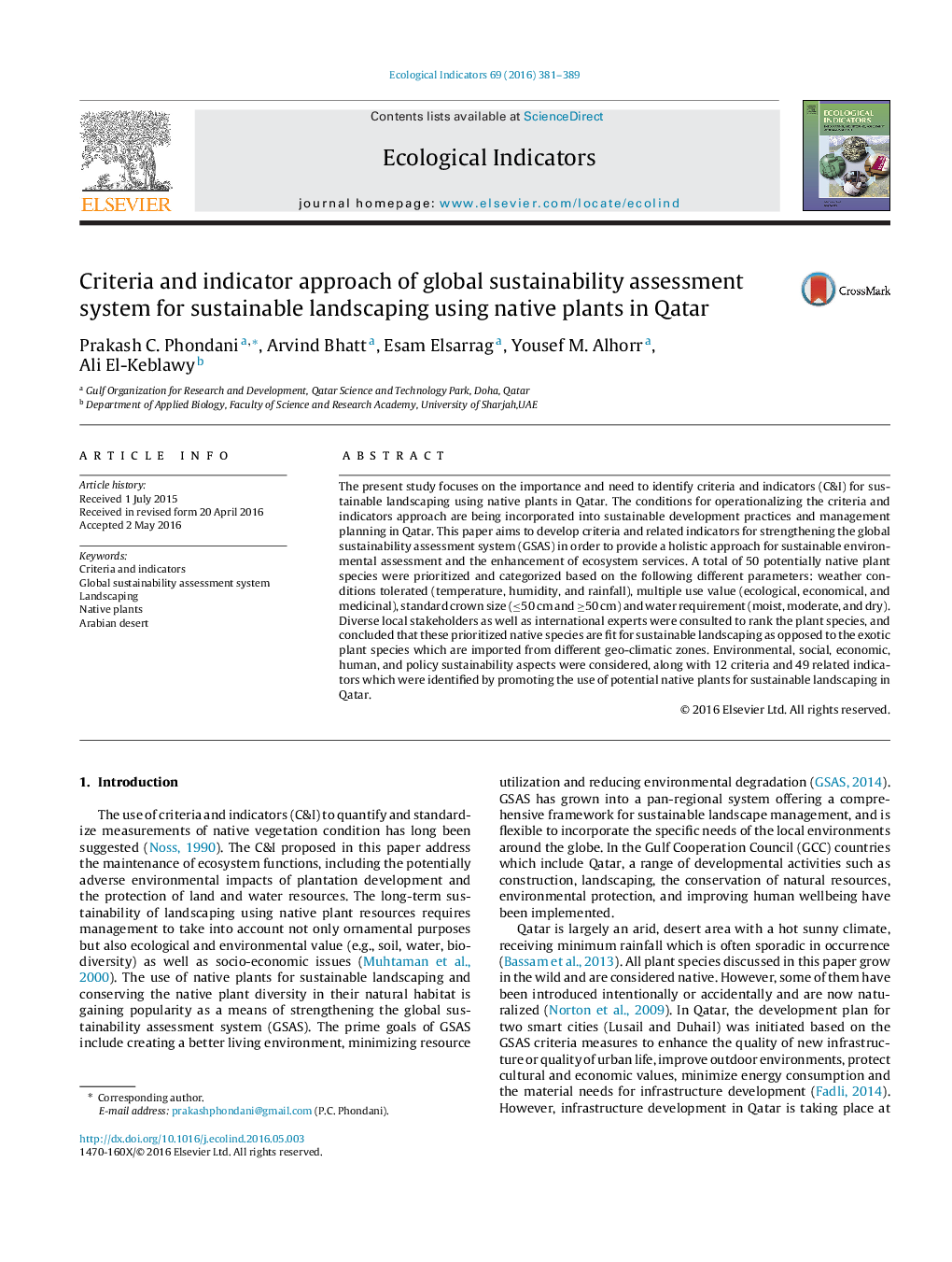 Criteria and indicator approach of global sustainability assessment system for sustainable landscaping using native plants in Qatar