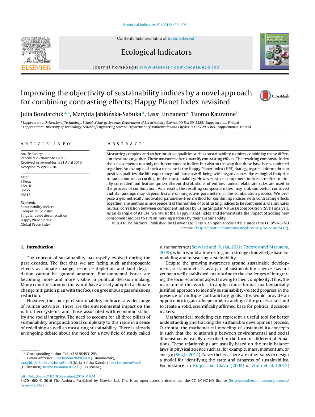 Improving the objectivity of sustainability indices by a novel approach for combining contrasting effects: Happy Planet Index revisited