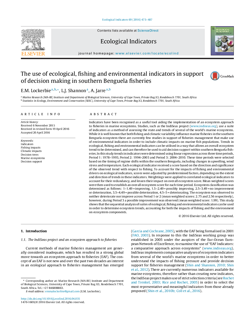 The use of ecological, fishing and environmental indicators in support of decision making in southern Benguela fisheries