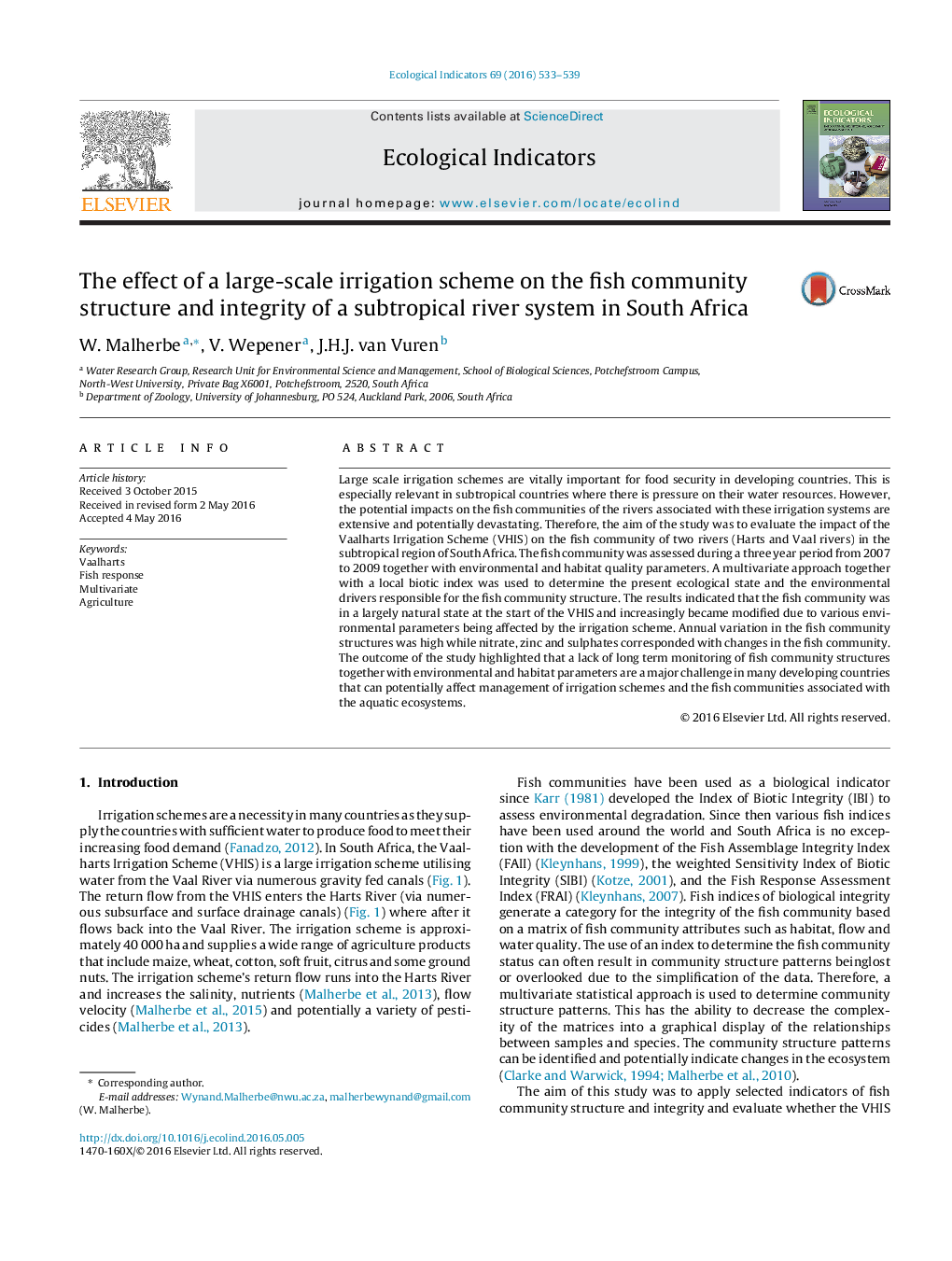 The effect of a large-scale irrigation scheme on the fish community structure and integrity of a subtropical river system in South Africa