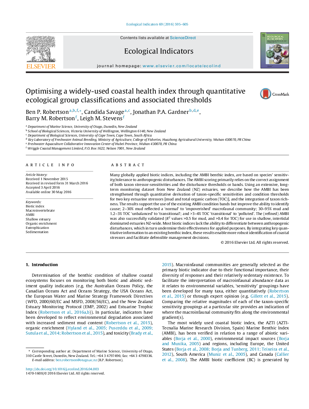 Optimising a widely-used coastal health index through quantitative ecological group classifications and associated thresholds