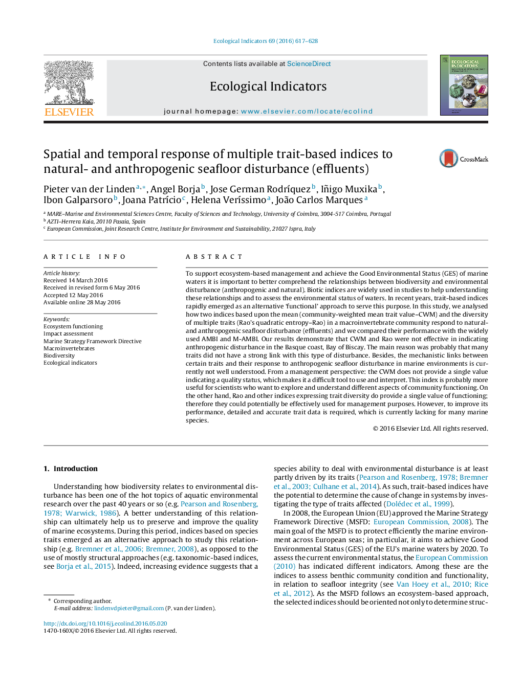 Spatial and temporal response of multiple trait-based indices to natural- and anthropogenic seafloor disturbance (effluents)