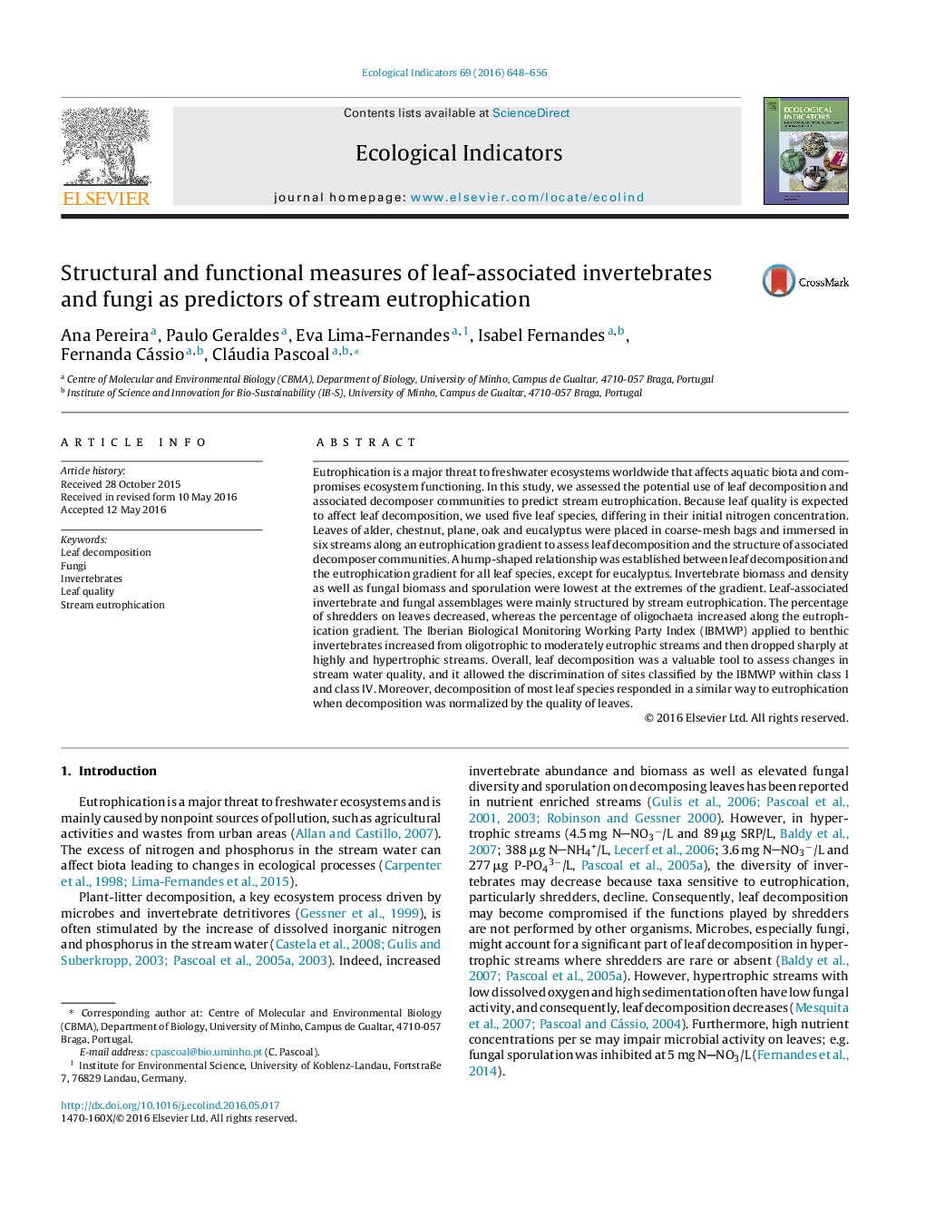 Structural and functional measures of leaf-associated invertebrates and fungi as predictors of stream eutrophication