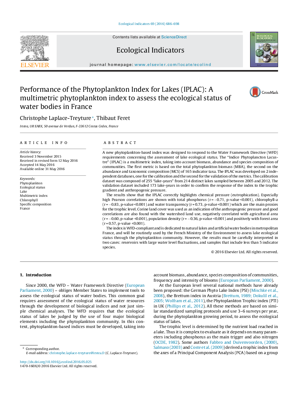 Performance of the Phytoplankton Index for Lakes (IPLAC): A multimetric phytoplankton index to assess the ecological status of water bodies in France