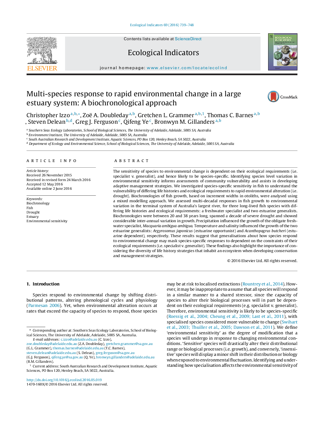 Multi-species response to rapid environmental change in a large estuary system: A biochronological approach