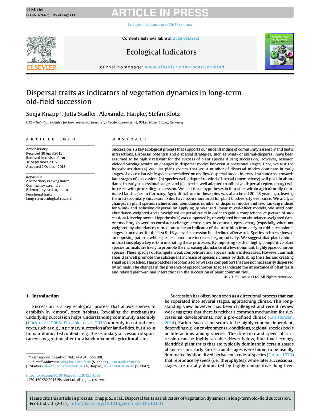 Dispersal traits as indicators of vegetation dynamics in long-term old-field succession