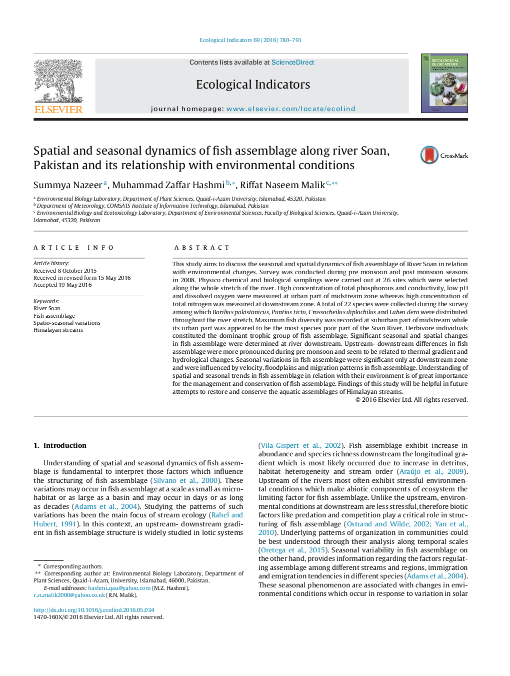 Spatial and seasonal dynamics of fish assemblage along river Soan, Pakistan and its relationship with environmental conditions