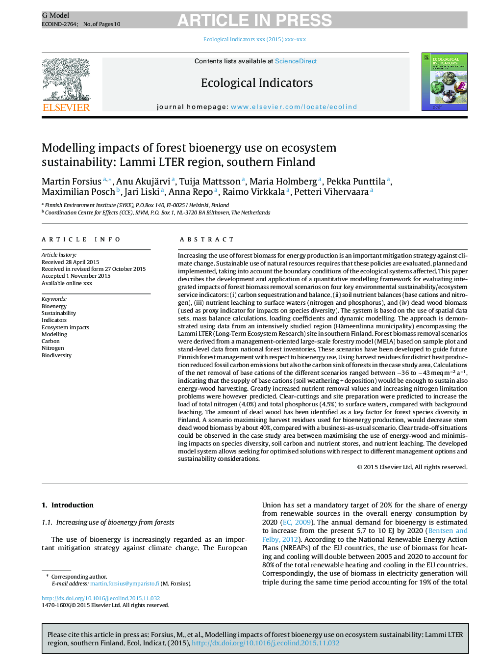 Modelling impacts of forest bioenergy use on ecosystem sustainability: Lammi LTER region, southern Finland