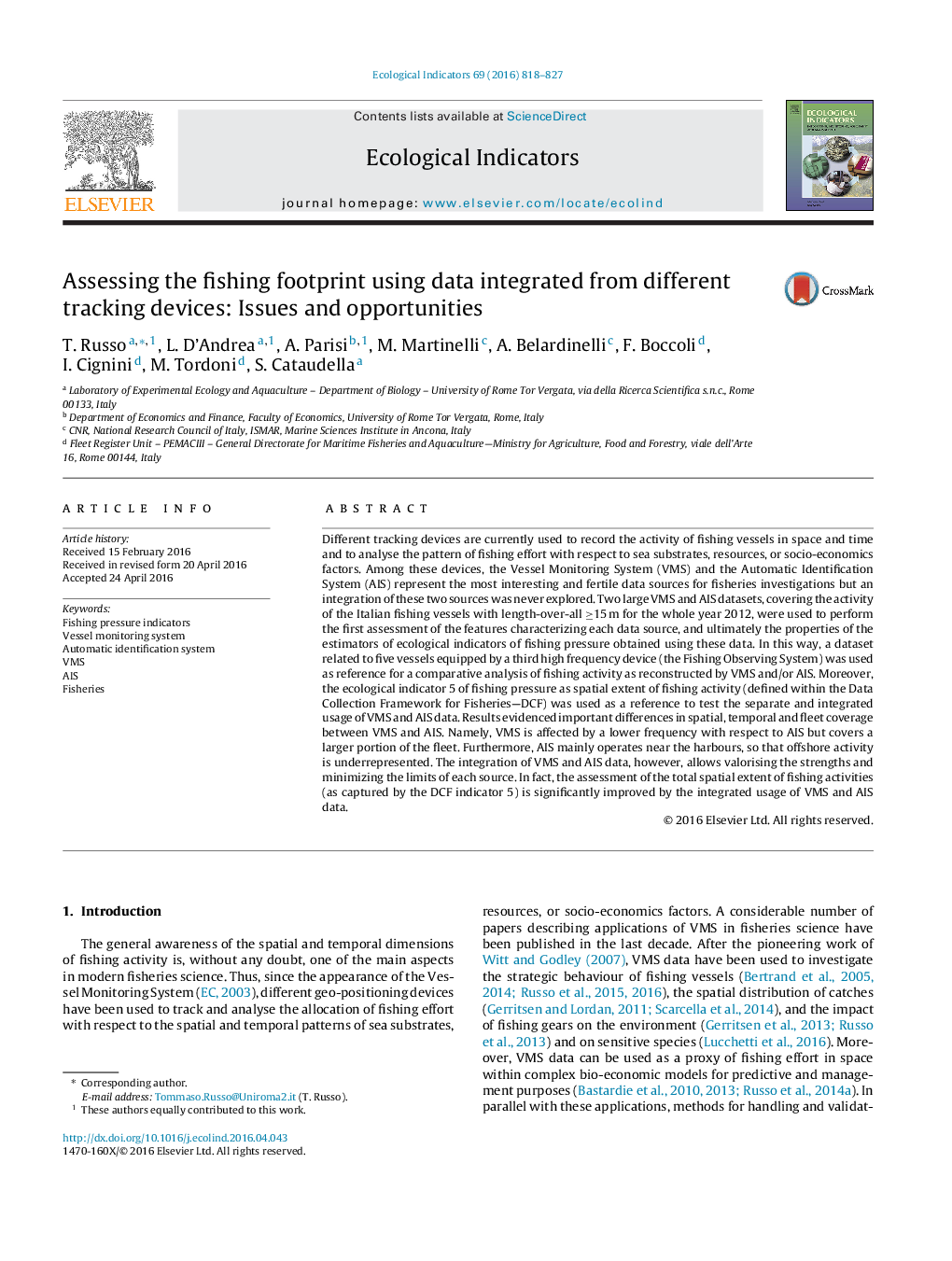 Assessing the fishing footprint using data integrated from different tracking devices: Issues and opportunities