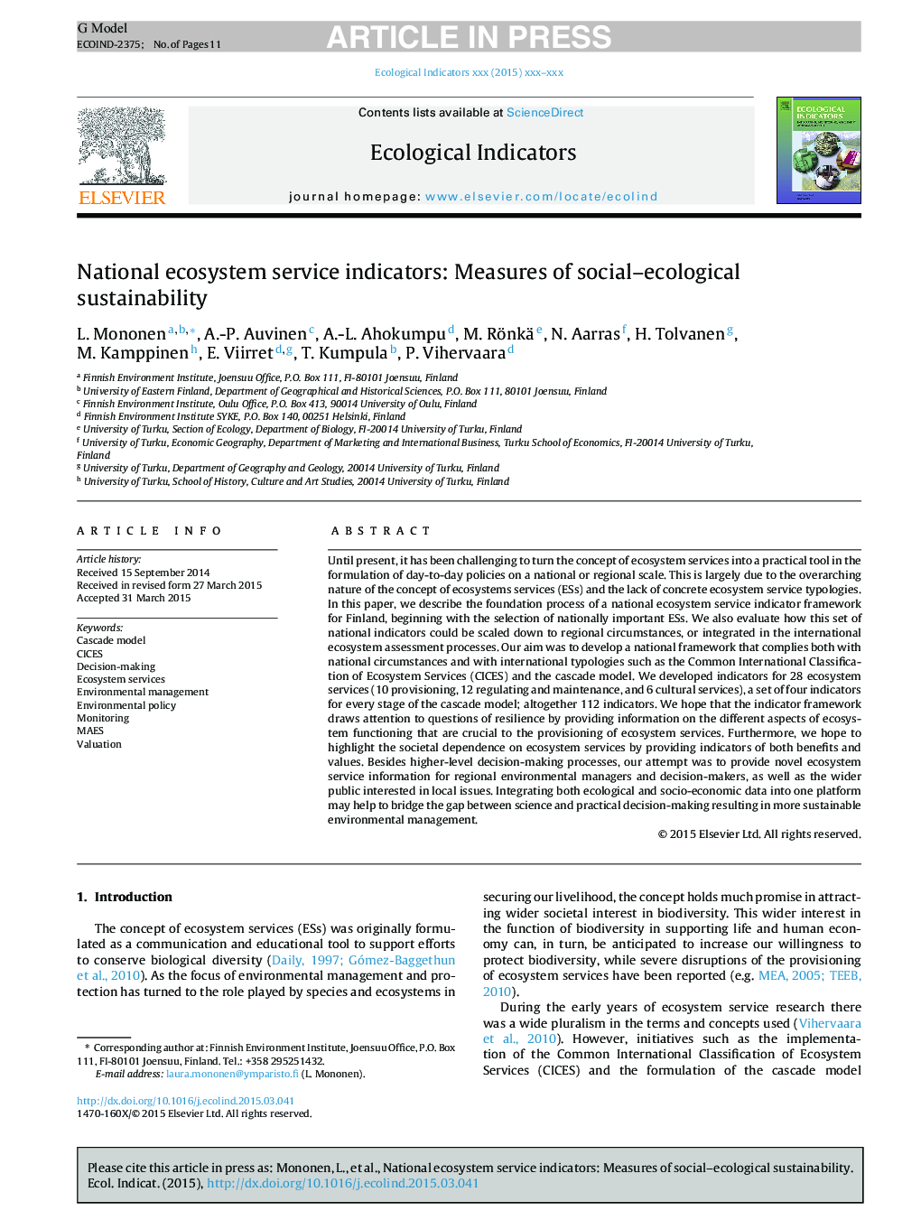 National ecosystem service indicators: Measures of social-ecological sustainability