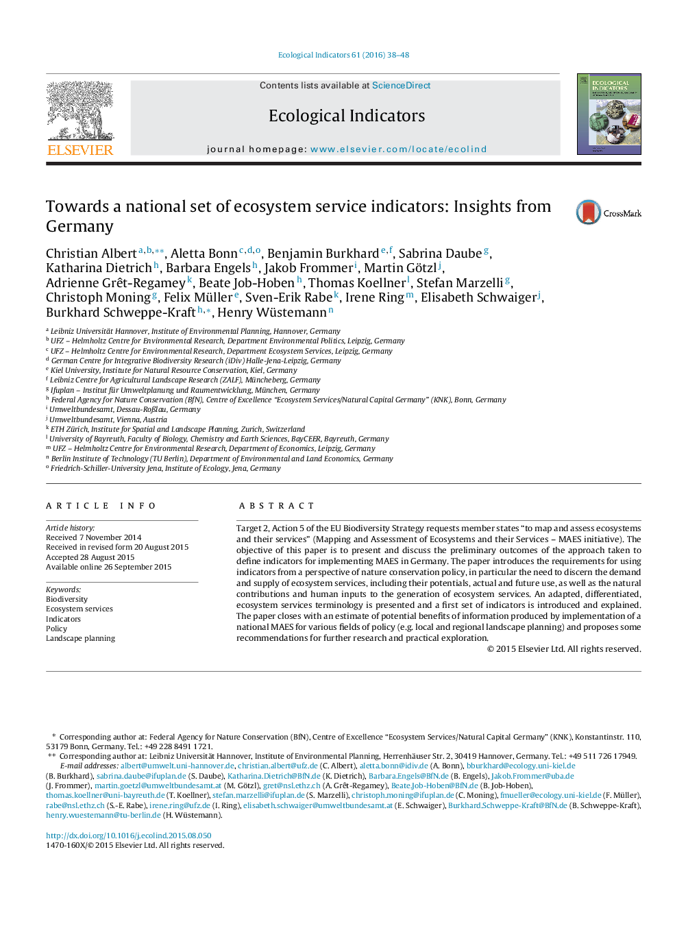 Towards a national set of ecosystem service indicators: Insights from Germany