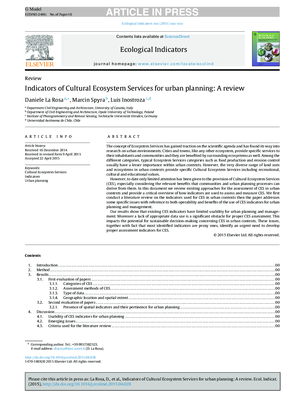 Indicators of Cultural Ecosystem Services for urban planning: A review