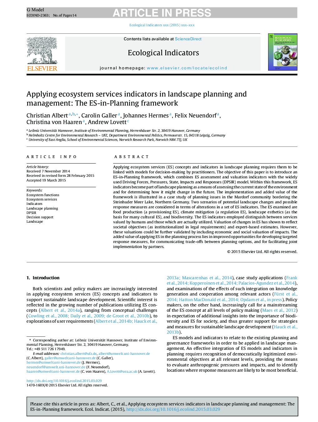 Applying ecosystem services indicators in landscape planning and management: The ES-in-Planning framework