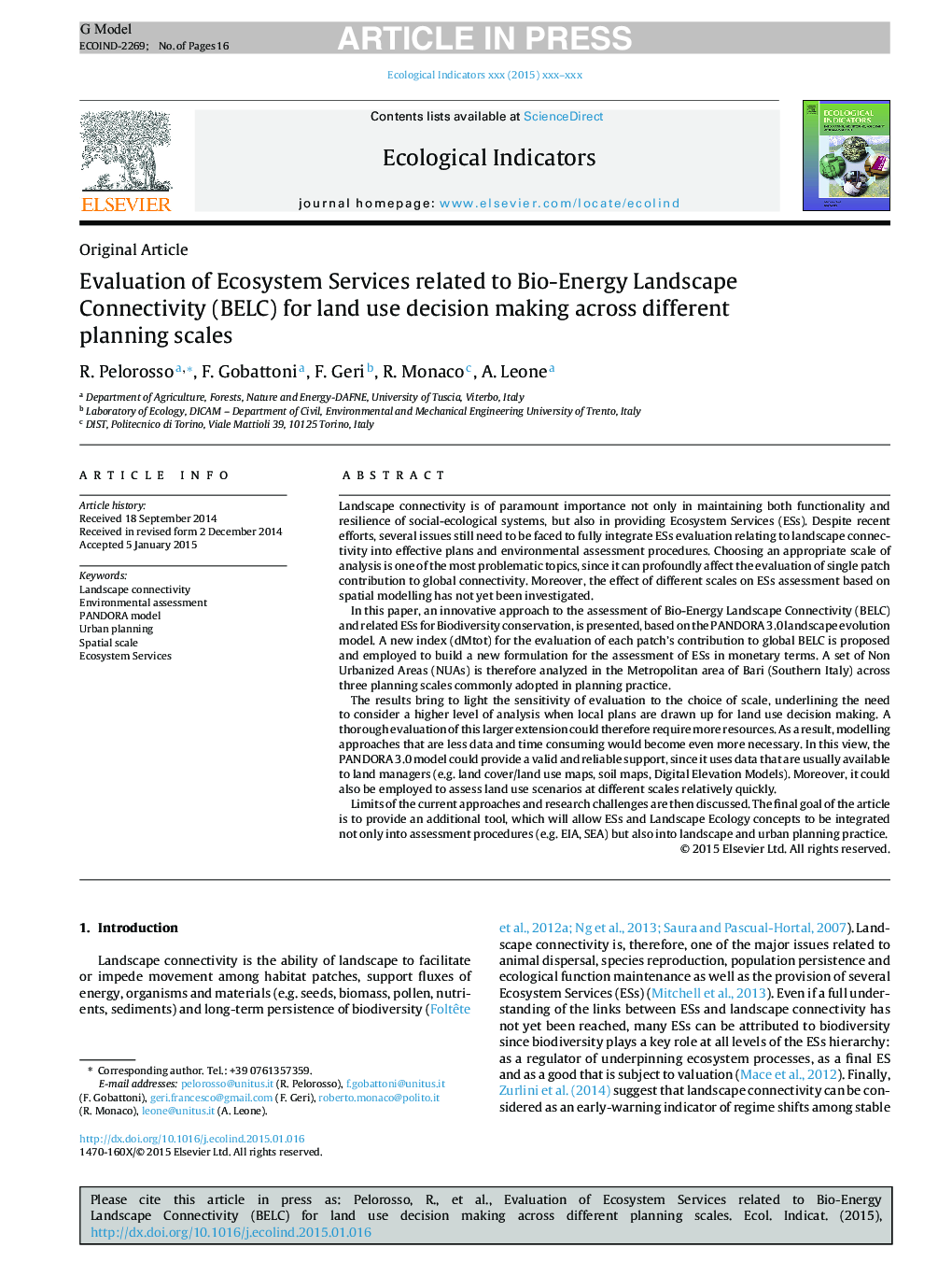 Evaluation of Ecosystem Services related to Bio-Energy Landscape Connectivity (BELC) for land use decision making across different planning scales