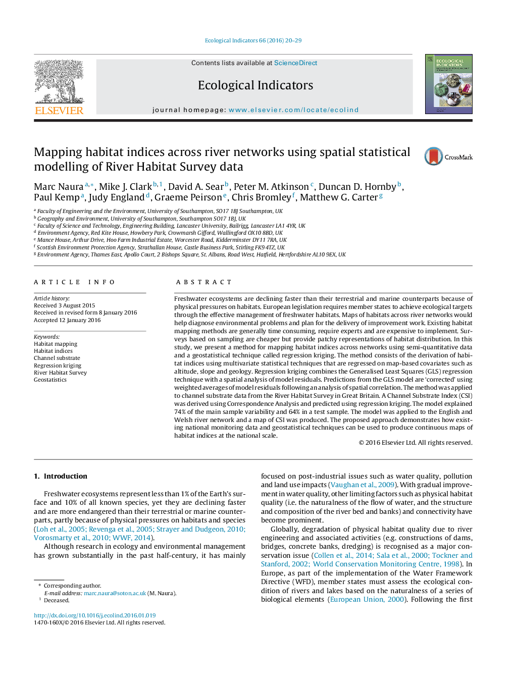 Mapping habitat indices across river networks using spatial statistical modelling of River Habitat Survey data