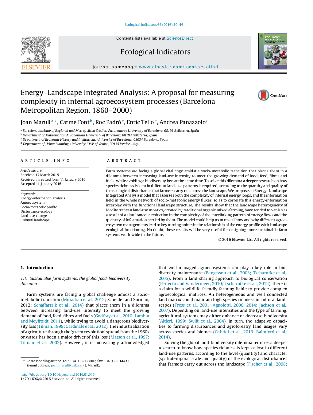 Energy-Landscape Integrated Analysis: A proposal for measuring complexity in internal agroecosystem processes (Barcelona Metropolitan Region, 1860-2000)