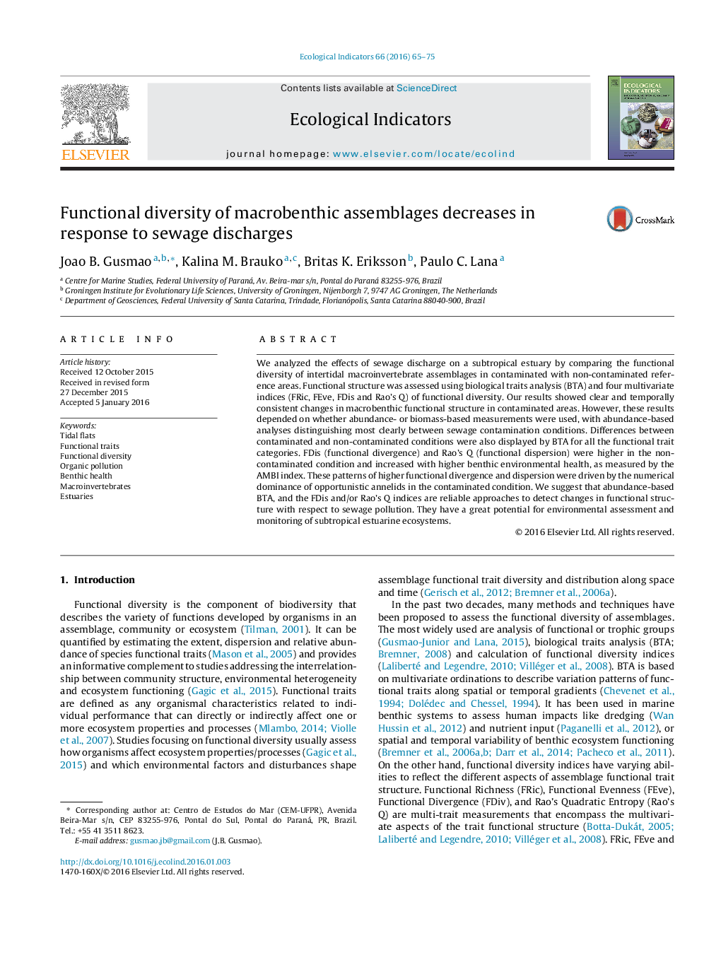 Functional diversity of macrobenthic assemblages decreases in response to sewage discharges