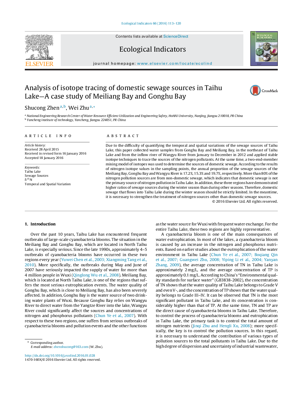 Analysis of isotope tracing of domestic sewage sources in Taihu Lake-A case study of Meiliang Bay and Gonghu Bay