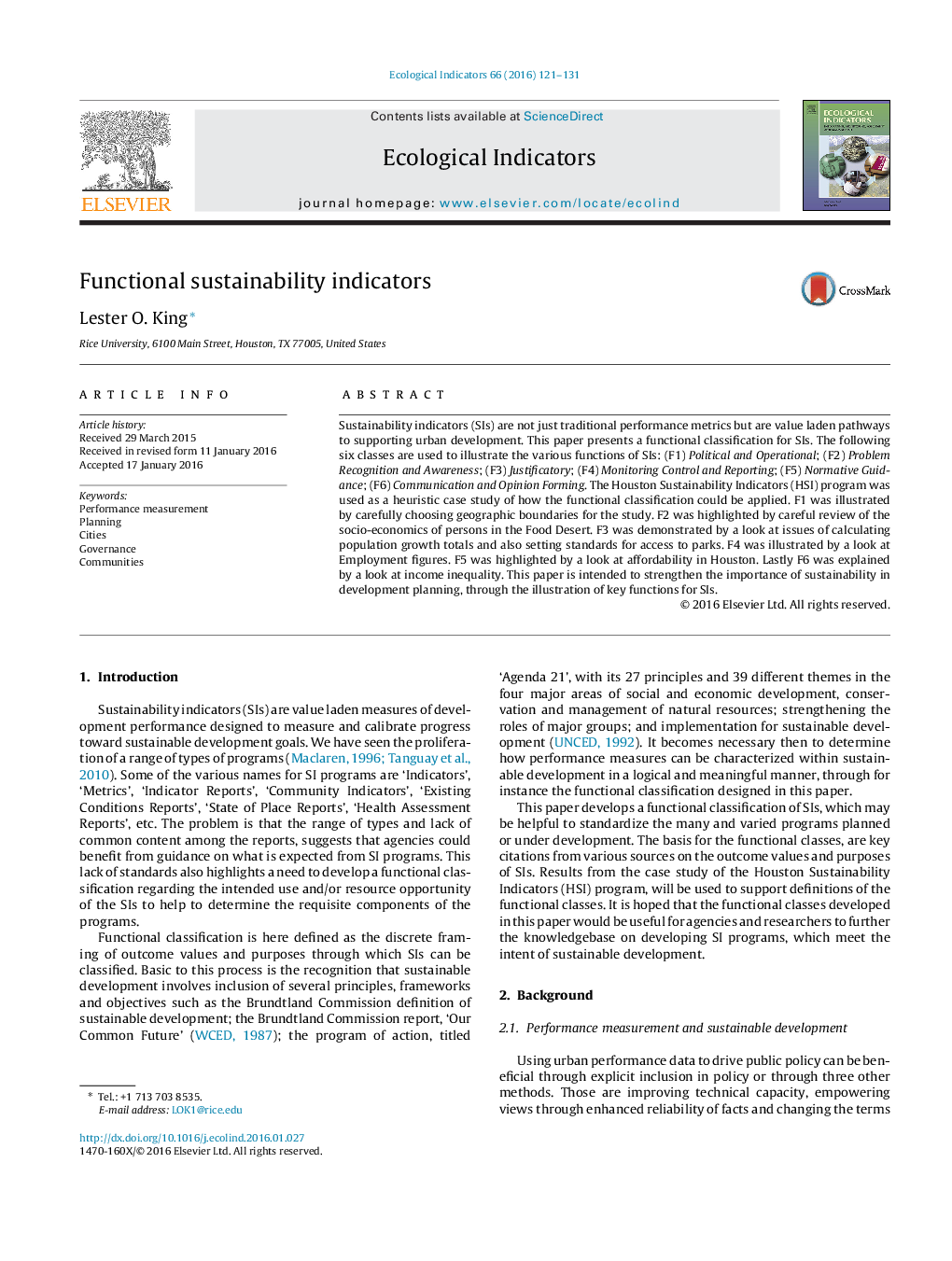 Functional sustainability indicators