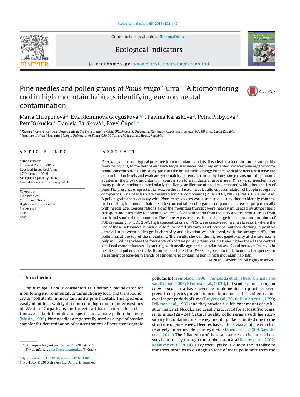 Pine needles and pollen grains of Pinus mugo Turra - A biomonitoring tool in high mountain habitats identifying environmental contamination