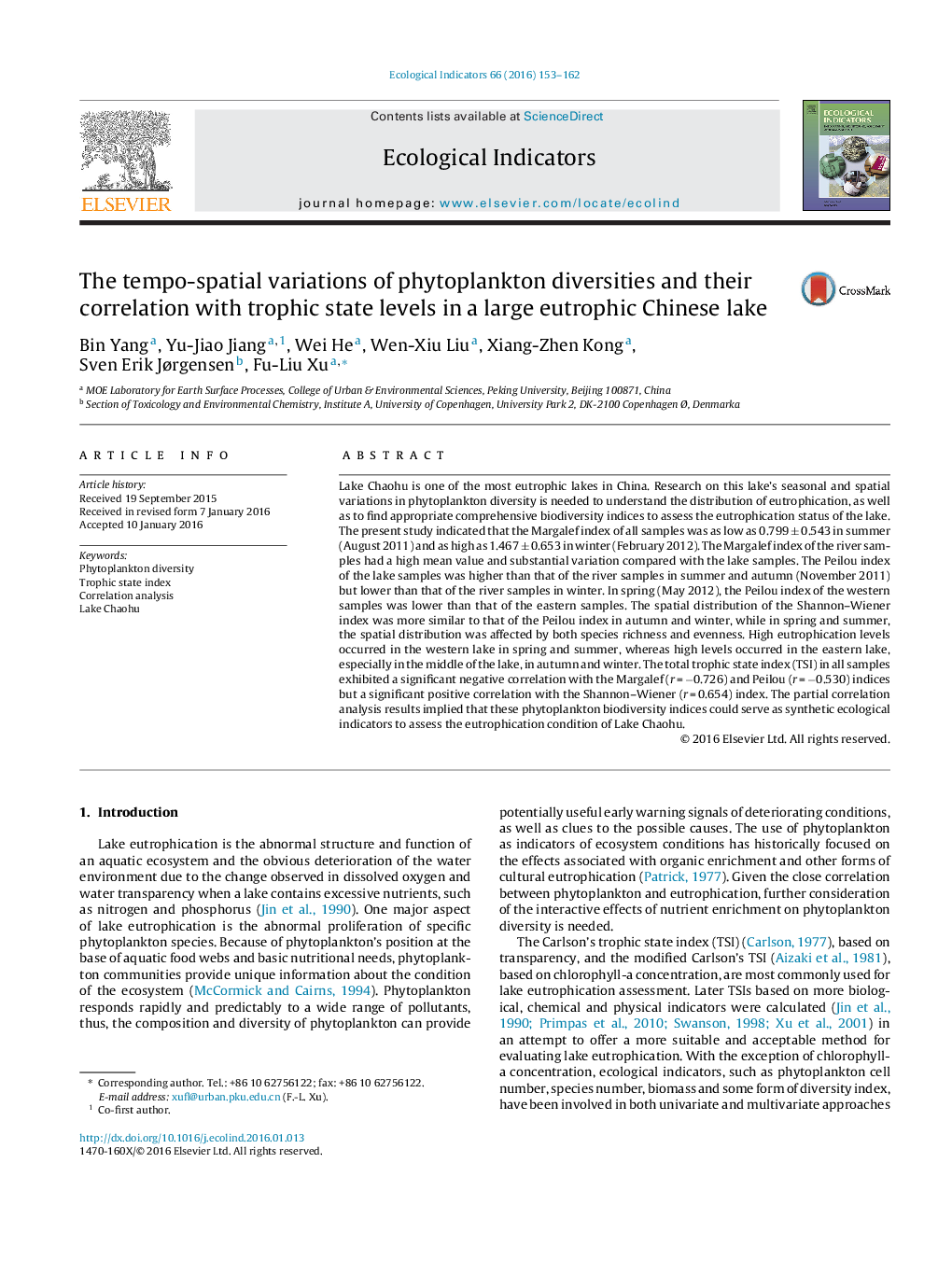 The tempo-spatial variations of phytoplankton diversities and their correlation with trophic state levels in a large eutrophic Chinese lake