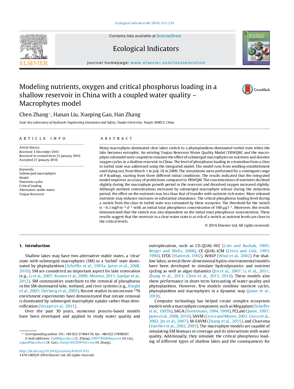 Modeling nutrients, oxygen and critical phosphorus loading in a shallow reservoir in China with a coupled water quality - Macrophytes model