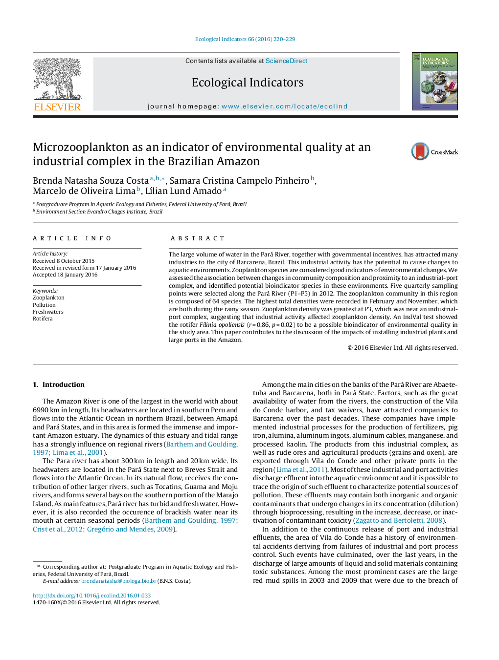 Microzooplankton as an indicator of environmental quality at an industrial complex in the Brazilian Amazon