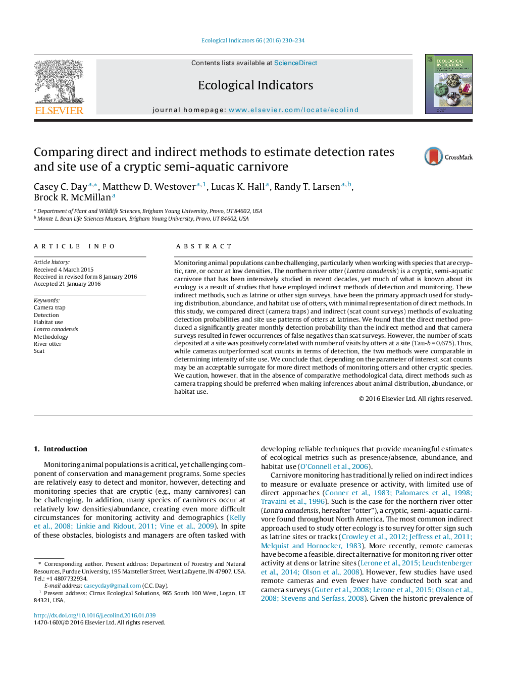 Comparing direct and indirect methods to estimate detection rates and site use of a cryptic semi-aquatic carnivore