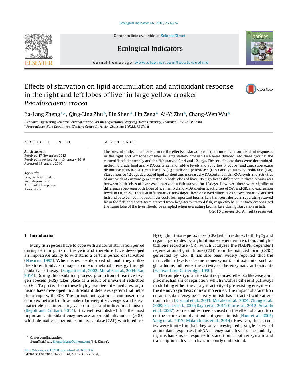 Effects of starvation on lipid accumulation and antioxidant response in the right and left lobes of liver in large yellow croaker Pseudosciaena crocea