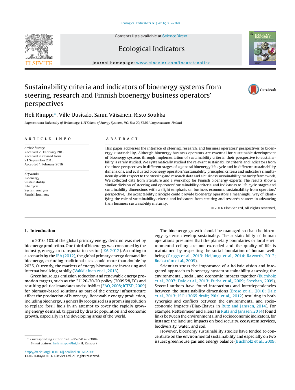 Sustainability criteria and indicators of bioenergy systems from steering, research and Finnish bioenergy business operators' perspectives