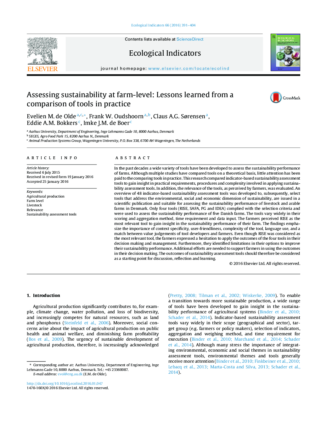 Assessing sustainability at farm-level: Lessons learned from a comparison of tools in practice