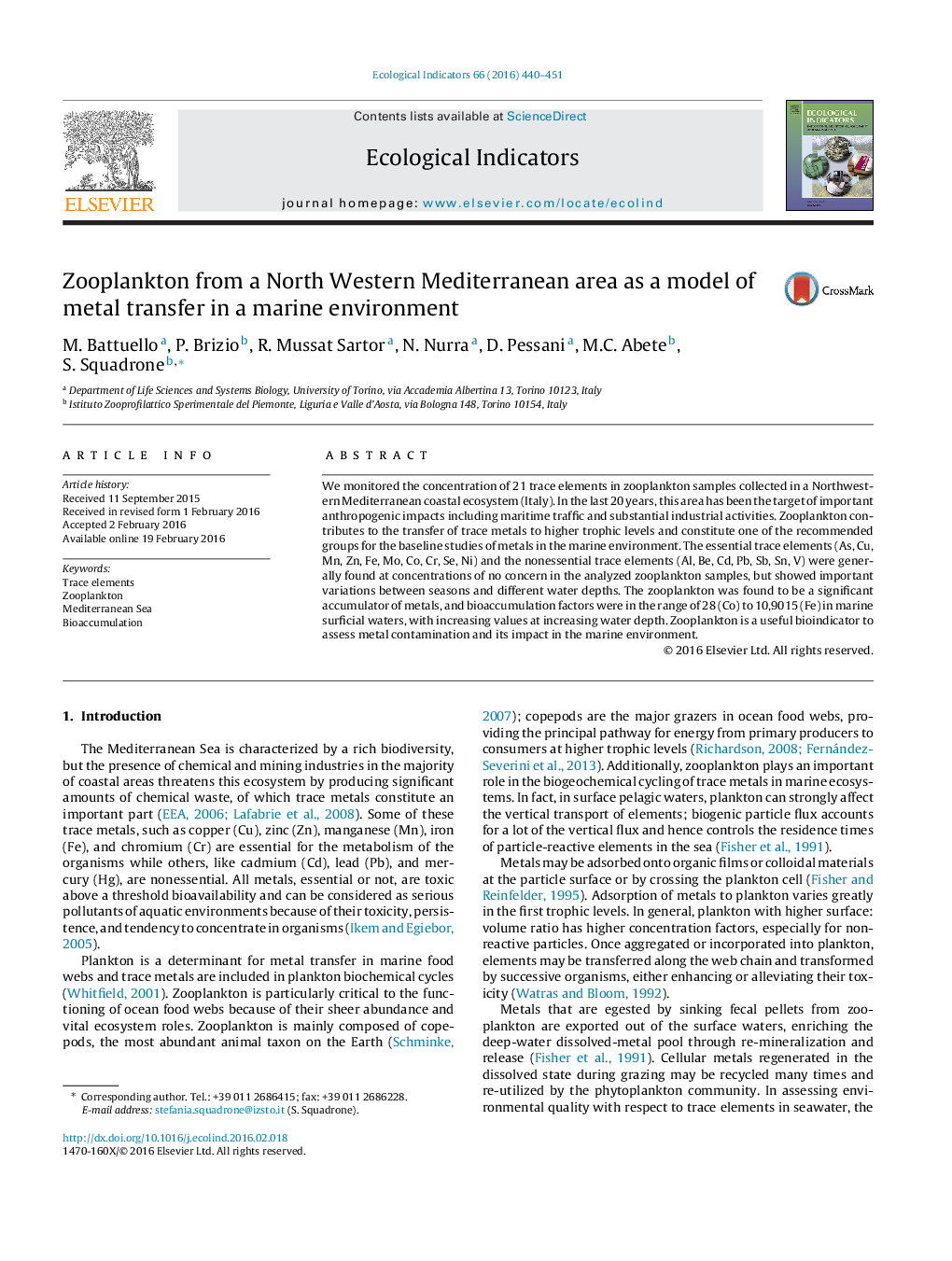 Zooplankton from a North Western Mediterranean area as a model of metal transfer in a marine environment