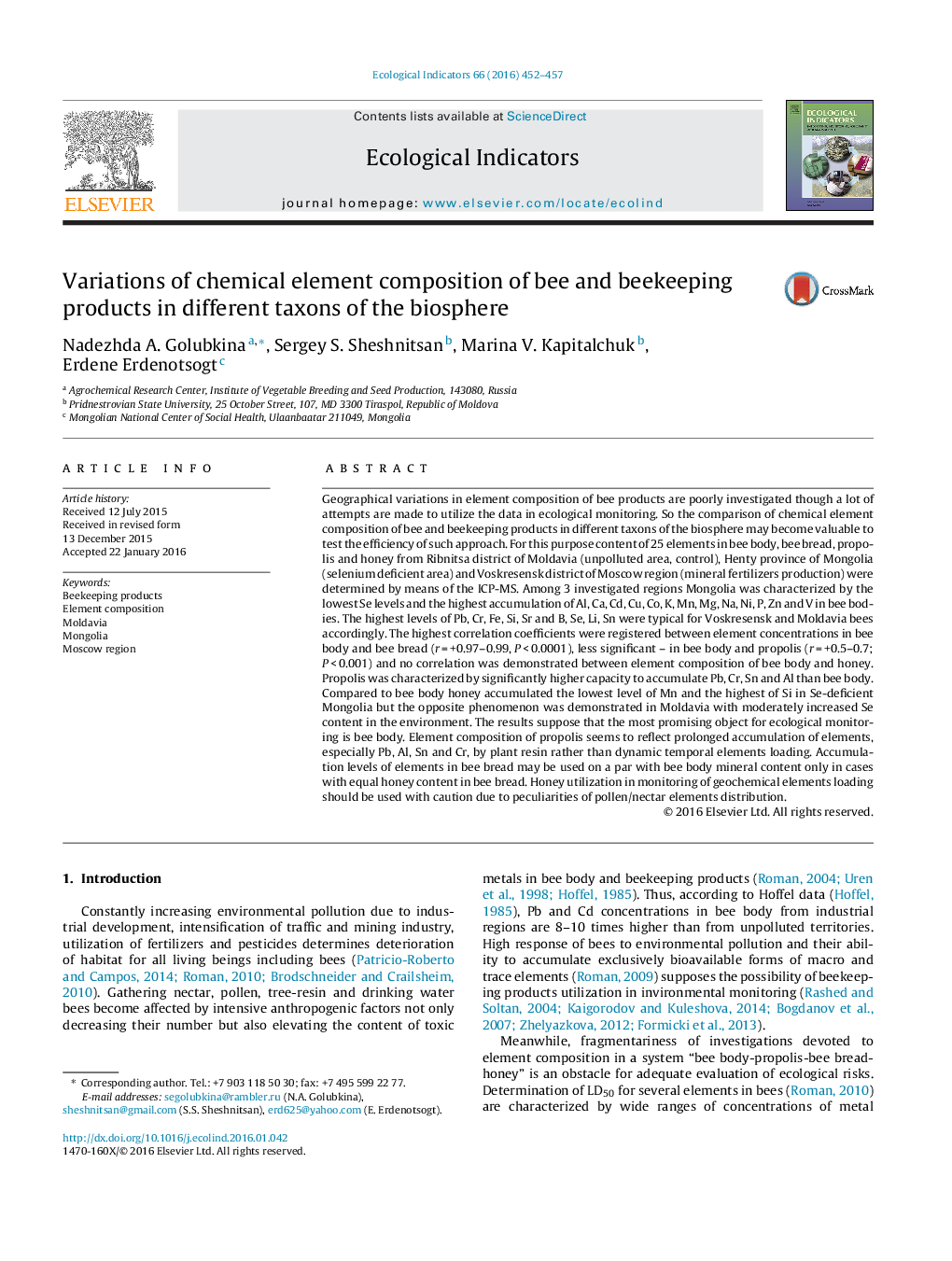 Variations of chemical element composition of bee and beekeeping products in different taxons of the biosphere