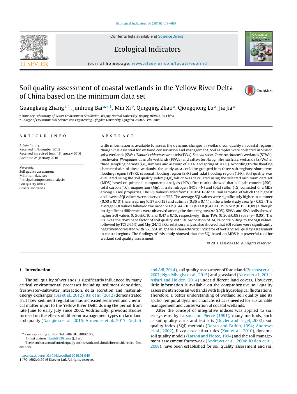 Soil quality assessment of coastal wetlands in the Yellow River Delta of China based on the minimum data set