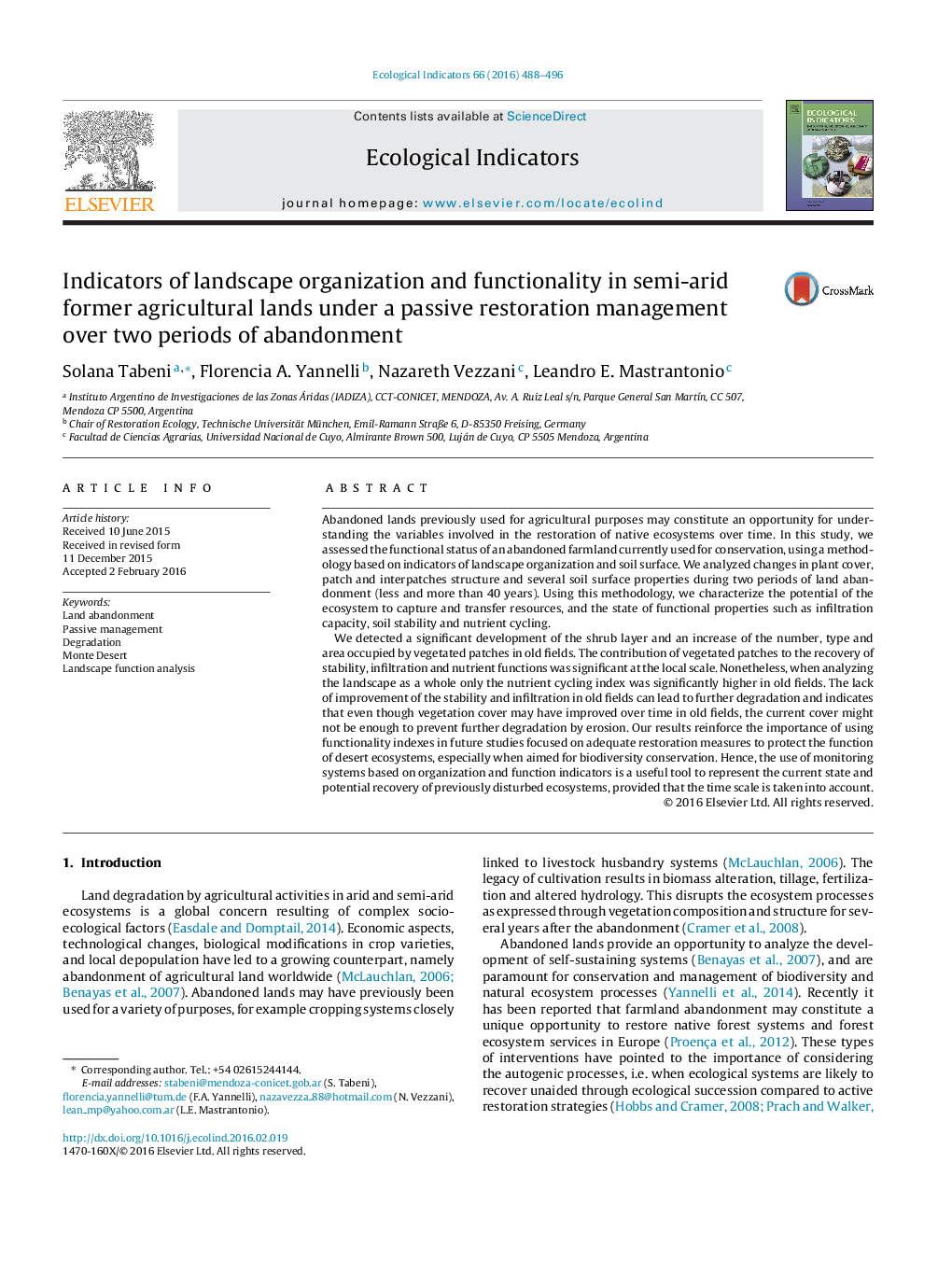 Indicators of landscape organization and functionality in semi-arid former agricultural lands under a passive restoration management over two periods of abandonment