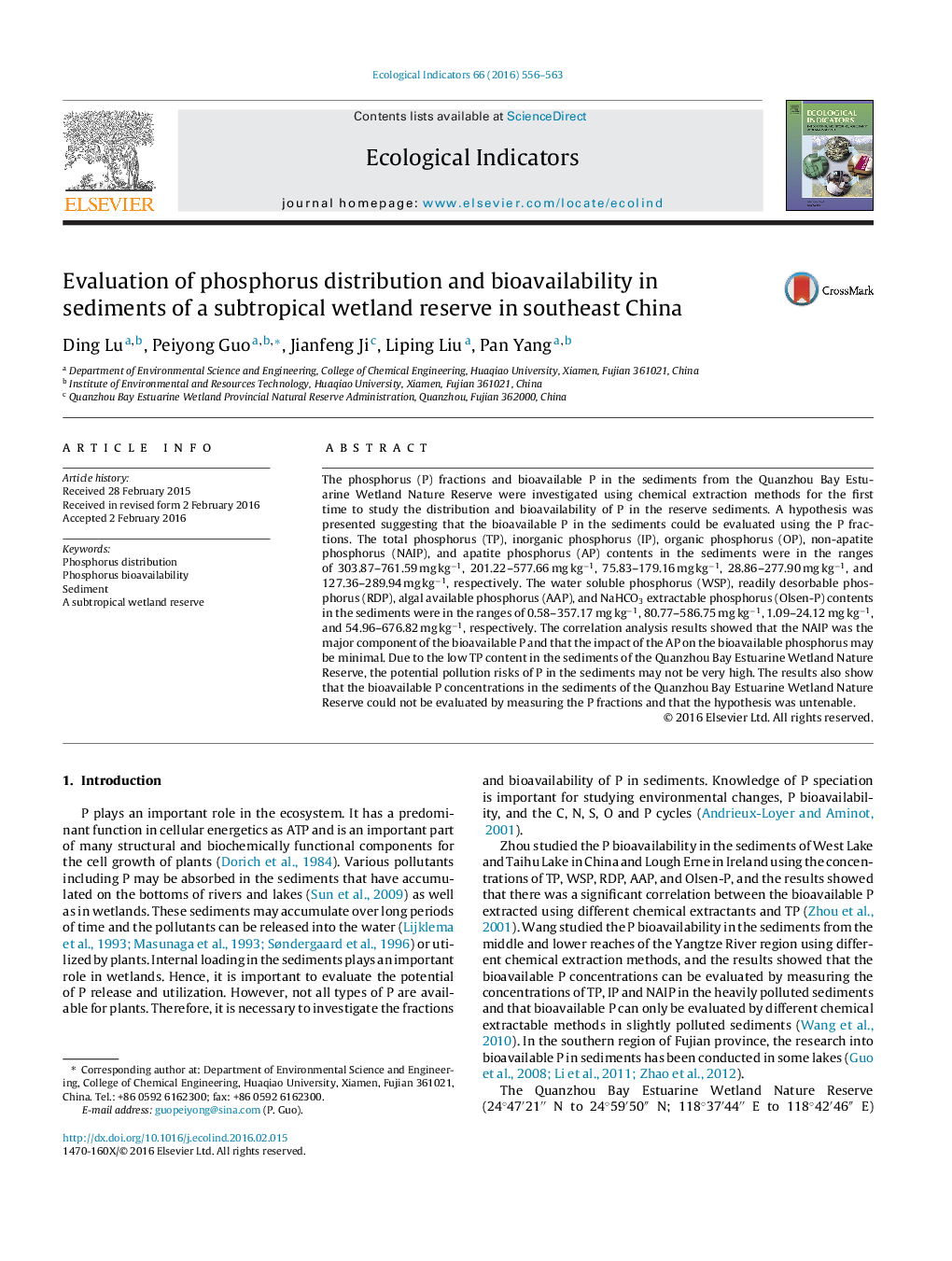 Evaluation of phosphorus distribution and bioavailability in sediments of a subtropical wetland reserve in southeast China