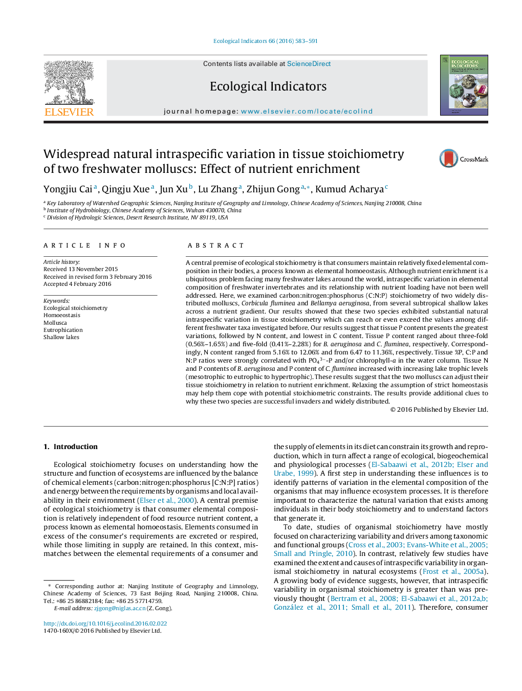 Widespread natural intraspecific variation in tissue stoichiometry of two freshwater molluscs: Effect of nutrient enrichment