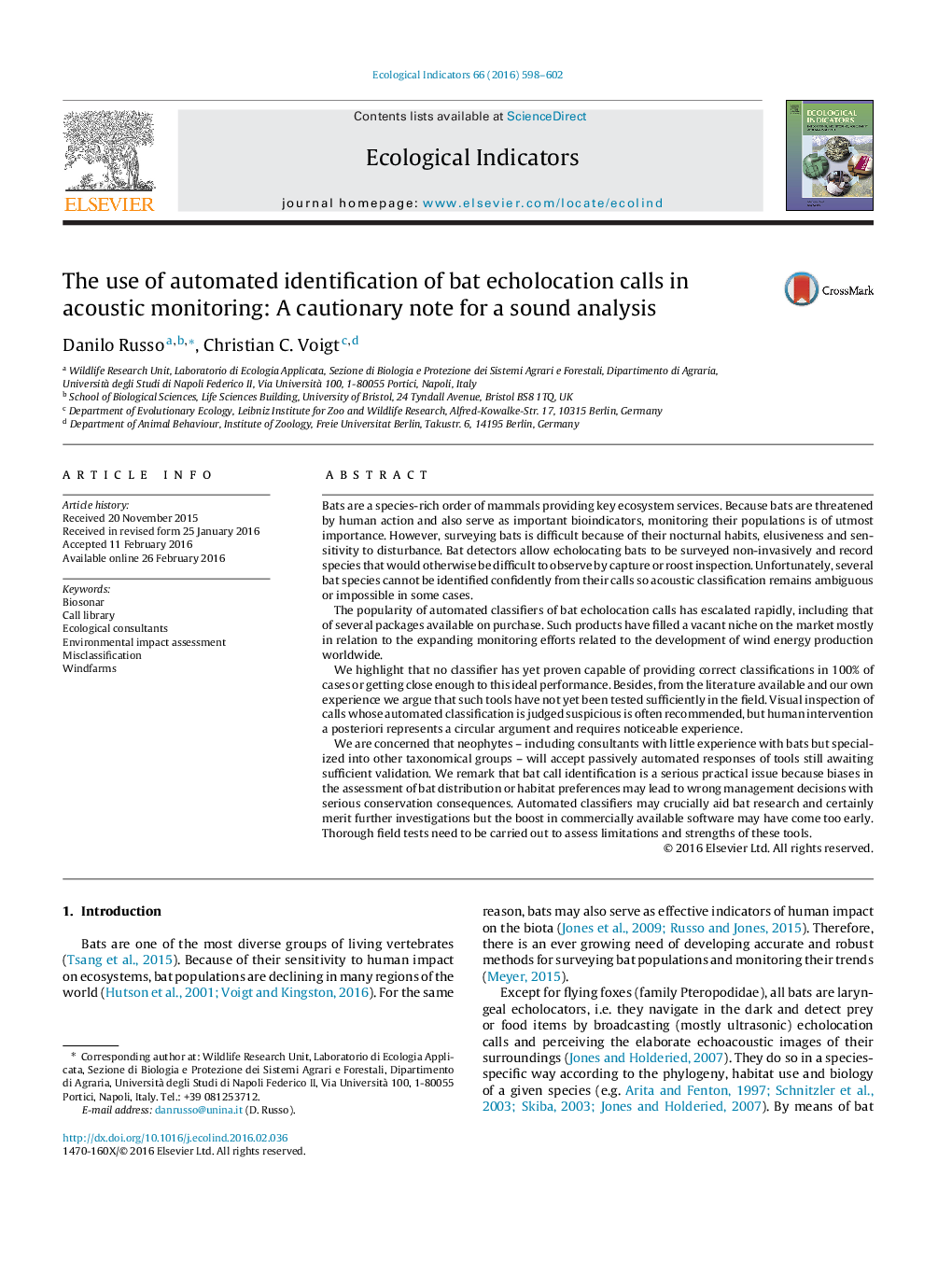 The use of automated identification of bat echolocation calls in acoustic monitoring: A cautionary note for a sound analysis