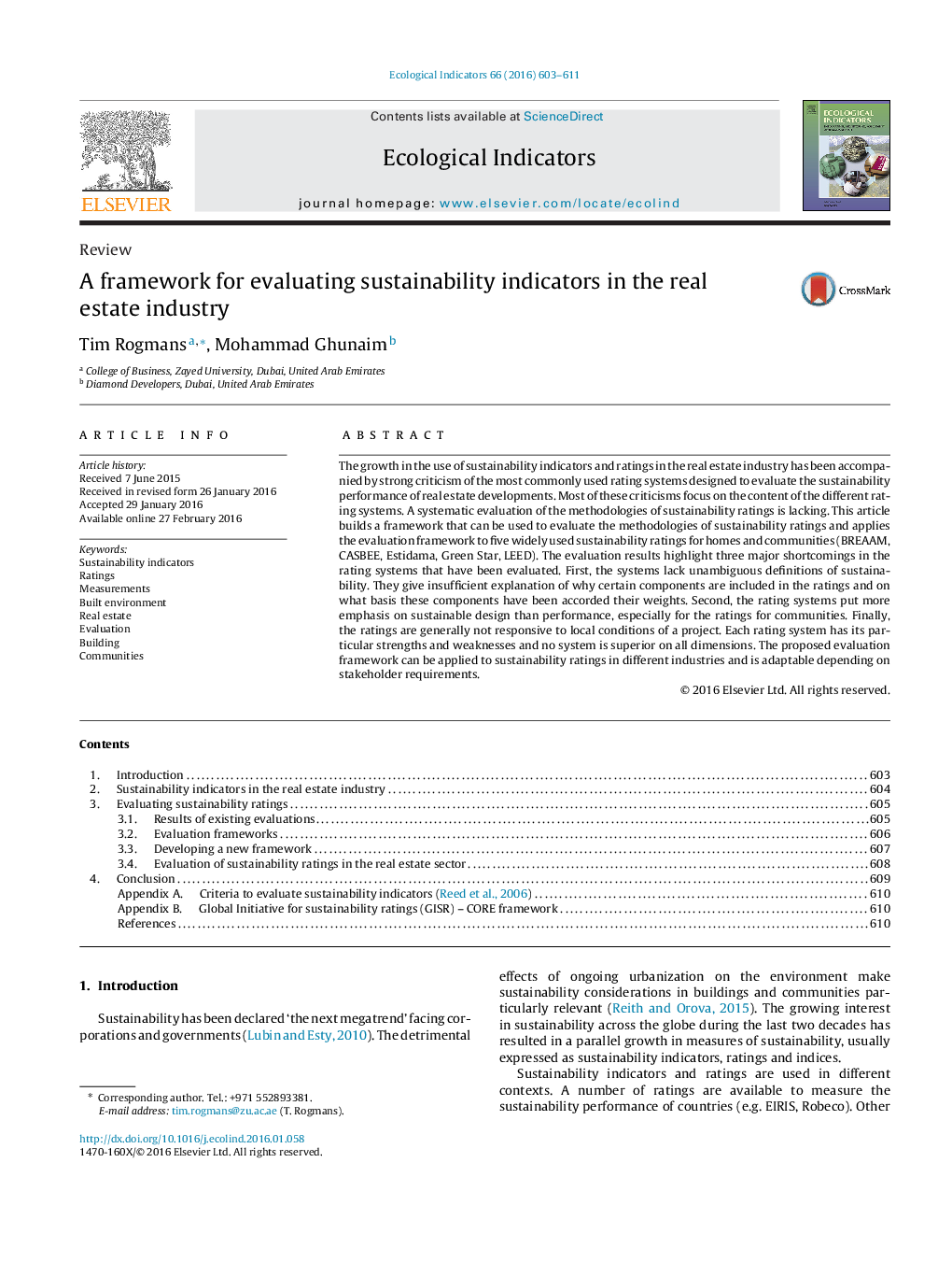 ReviewA framework for evaluating sustainability indicators in the real estate industry