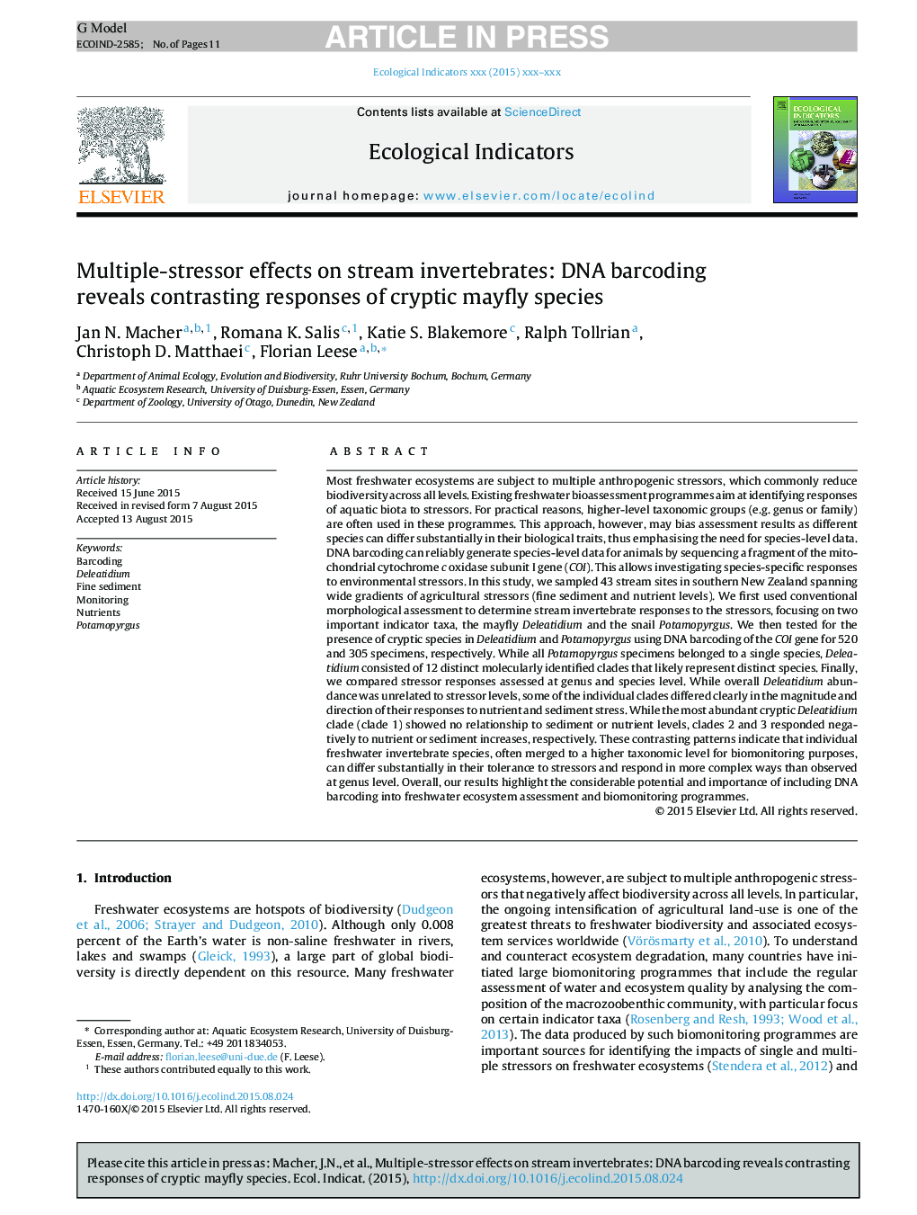 Multiple-stressor effects on stream invertebrates: DNA barcoding reveals contrasting responses of cryptic mayfly species