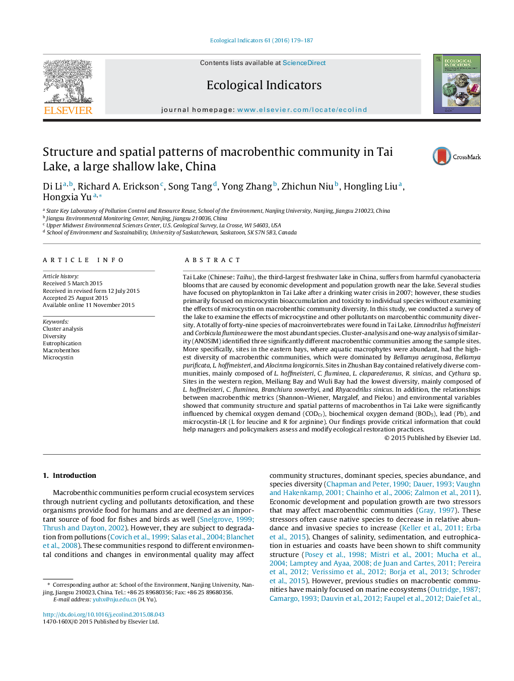 Structure and spatial patterns of macrobenthic community in Tai Lake, a large shallow lake, China