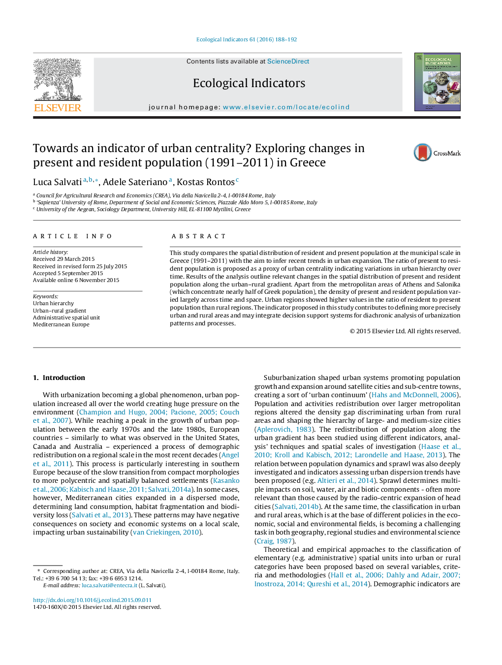 Towards an indicator of urban centrality? Exploring changes in present and resident population (1991-2011) in Greece