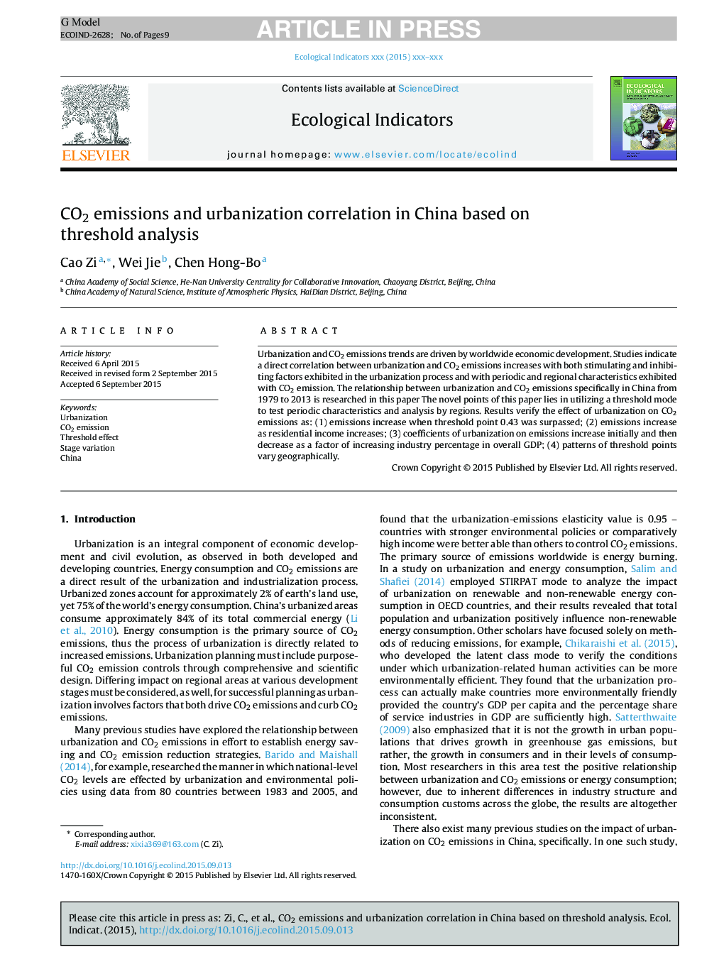 CO2 emissions and urbanization correlation in China based on threshold analysis