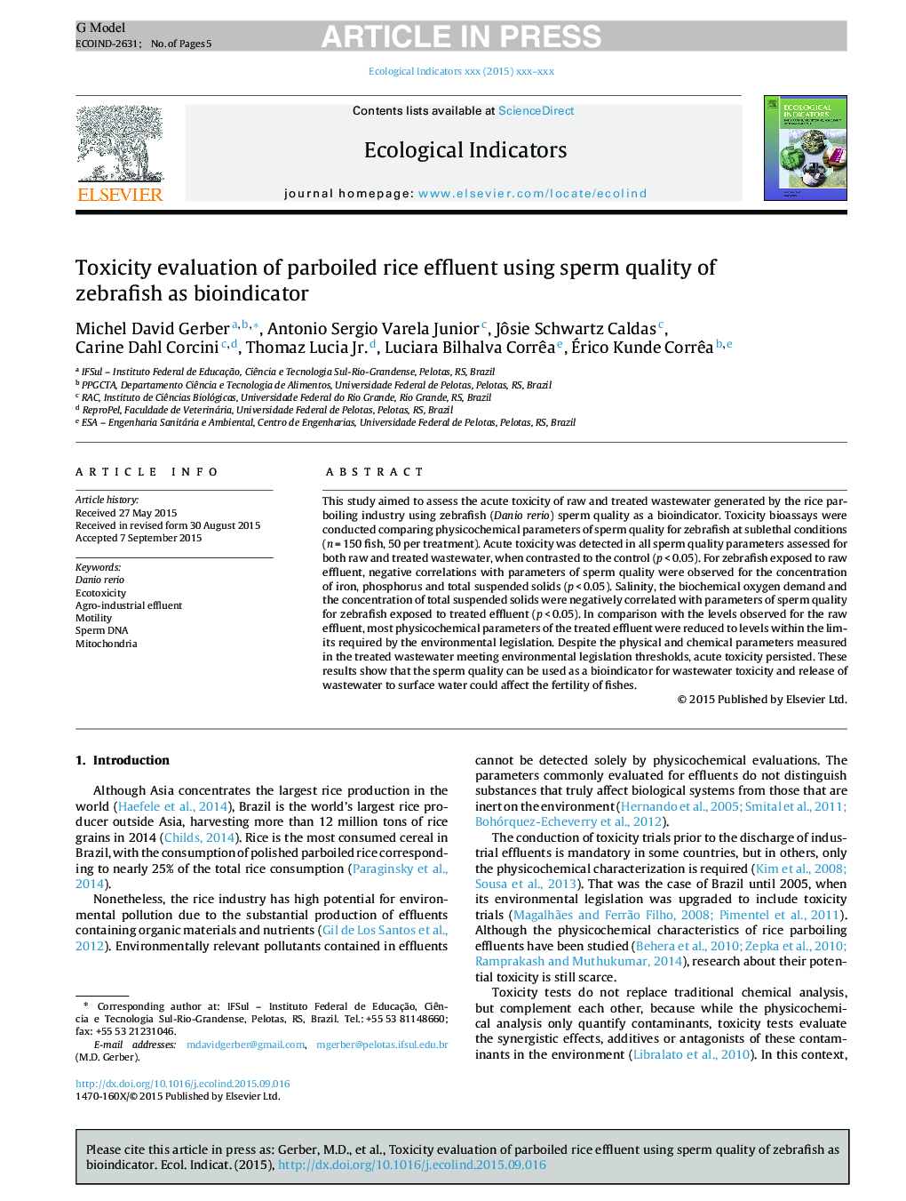 Toxicity evaluation of parboiled rice effluent using sperm quality of zebrafish as bioindicator