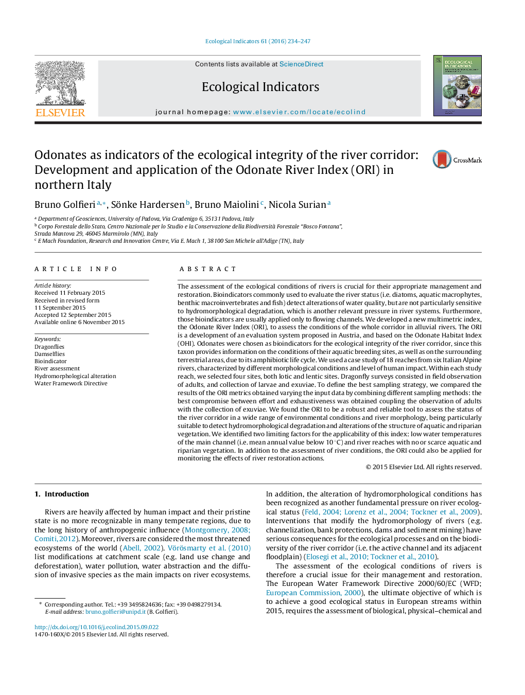 Odonates as indicators of the ecological integrity of the river corridor: Development and application of the Odonate River Index (ORI) in northern Italy