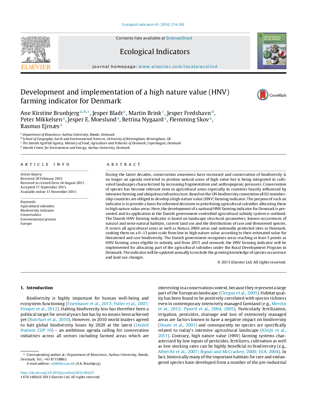 Development and implementation of a high nature value (HNV) farming indicator for Denmark