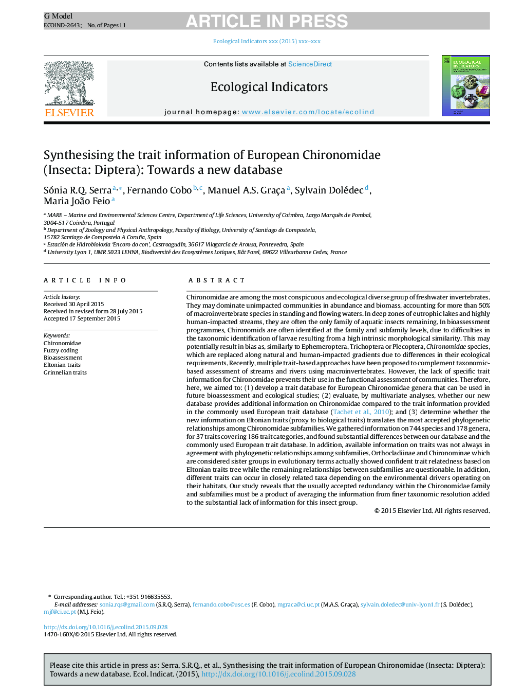 Synthesising the trait information of European Chironomidae (Insecta: Diptera): Towards a new database